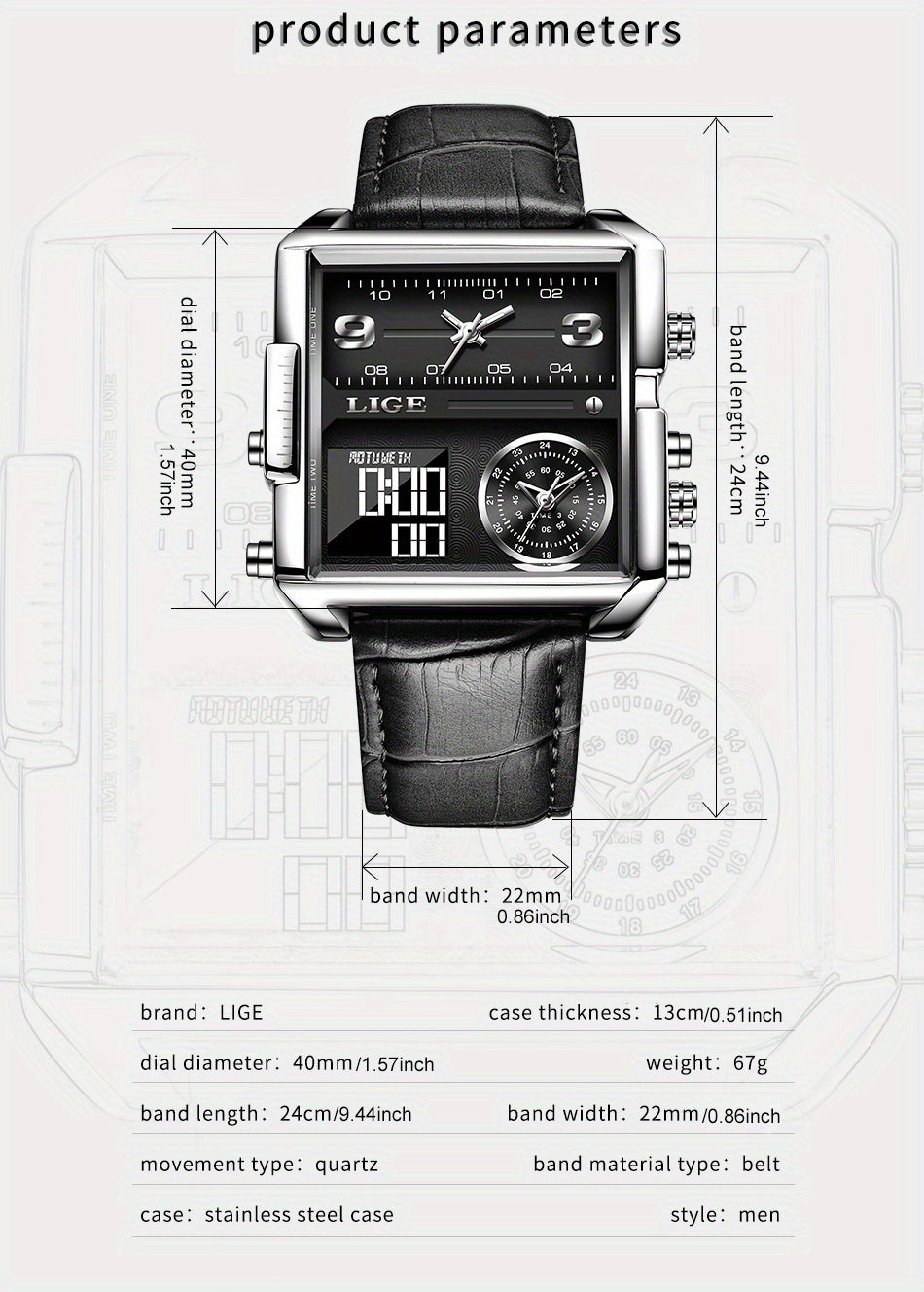 LIGE Fashion Men's Sports Square Analog Big Quartz Watch, Ideal Choice For Gifts