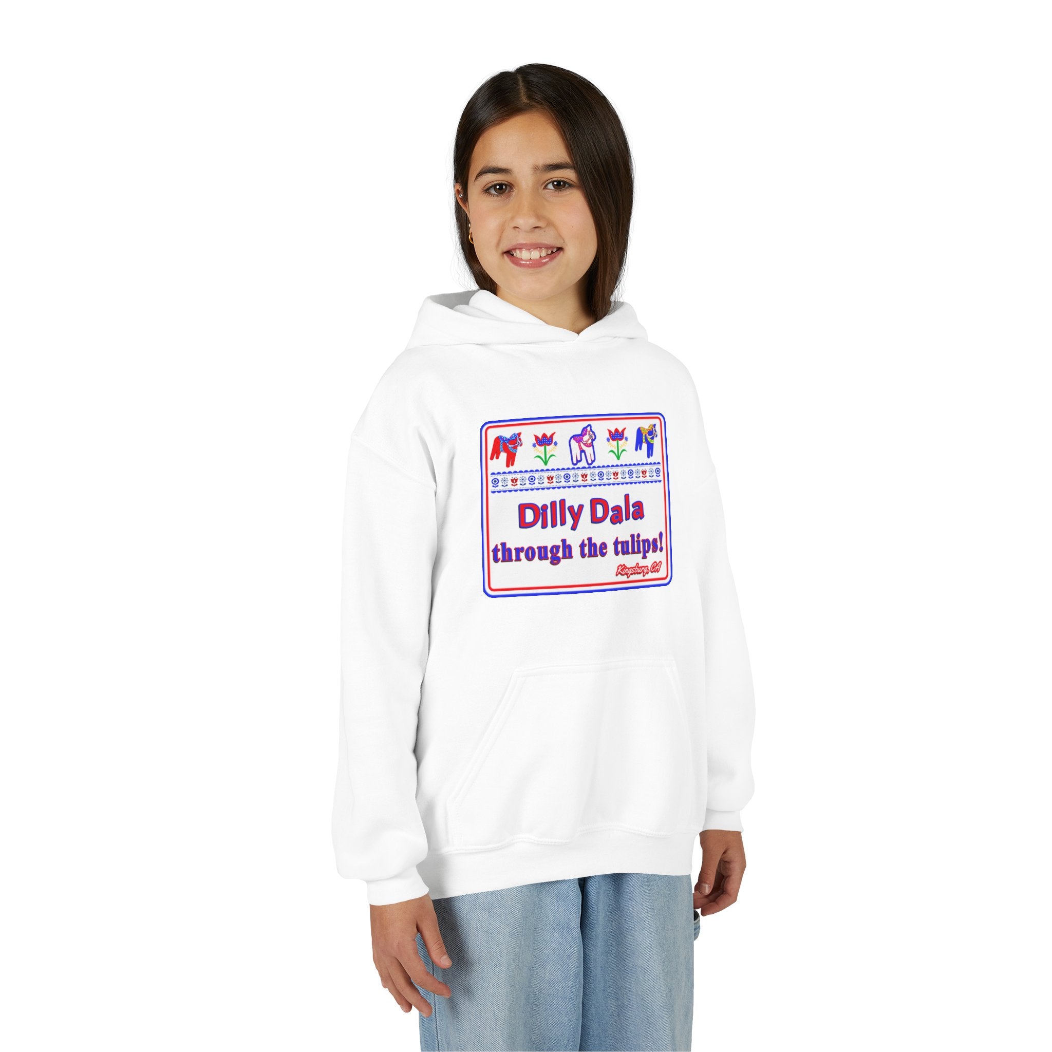 Youth Hoodie - "Dilly Dala Through the Tulips" Cute Tulip & Dala Horse Design
