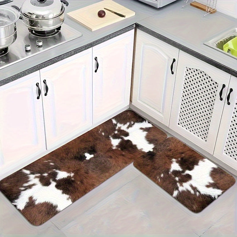 2/3pcs Kitchen Mat Set, Brown and White Cow Print Kitchen Rugs, Country Farmhouse Kitchen Decorative Small Rugs, Brown Cowhide Texture Rugs, Flannel Material Non-slip Soft Comfortable Easy to Clean, Suitable for Bedroom Livin