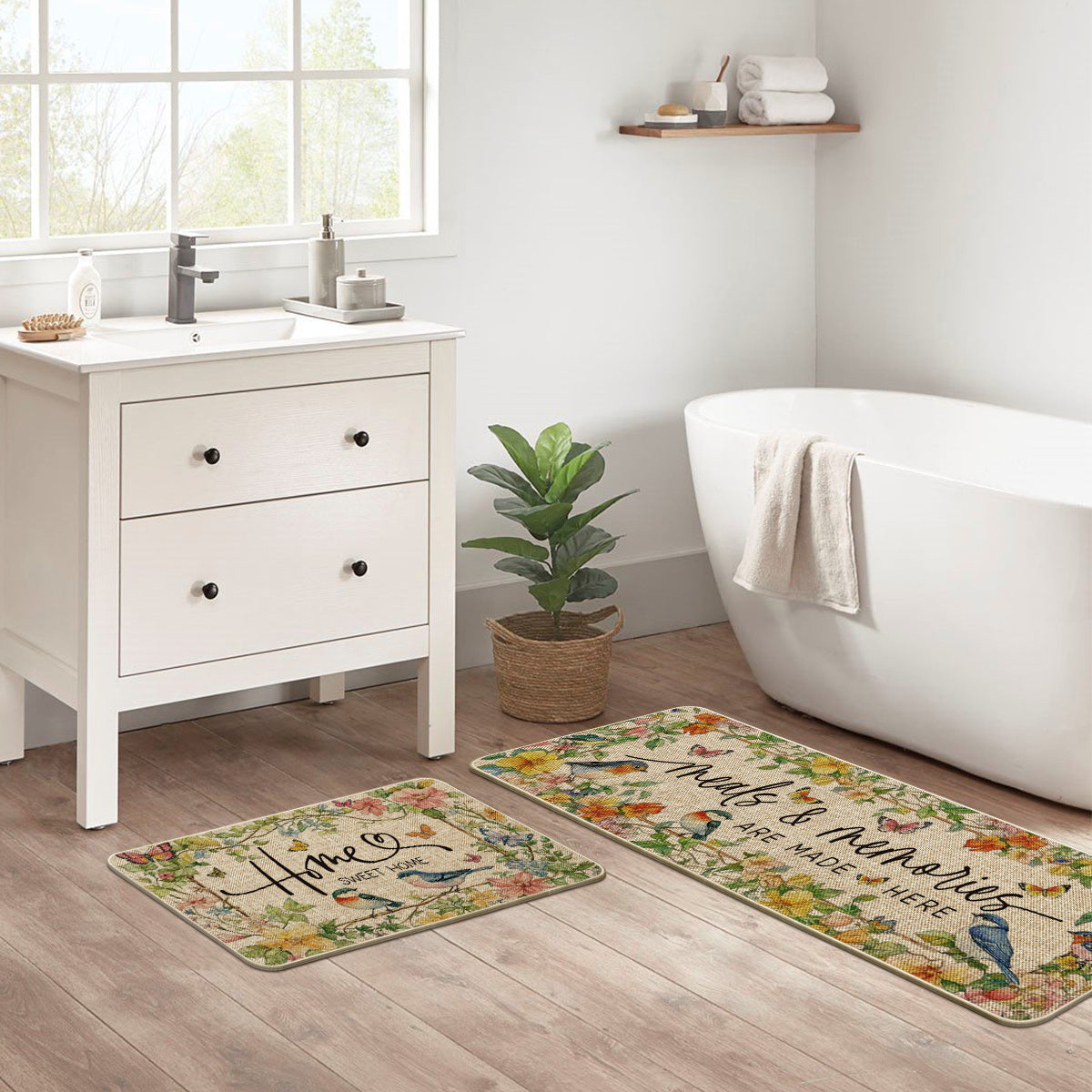 Sm:)e Mode Bird Flowers Home Sweet Home Spring Bathroom Rugs Set of 2, Summer Home Decor Low-Profile Rugs for Floor - 17x29 and 17x47 Inch