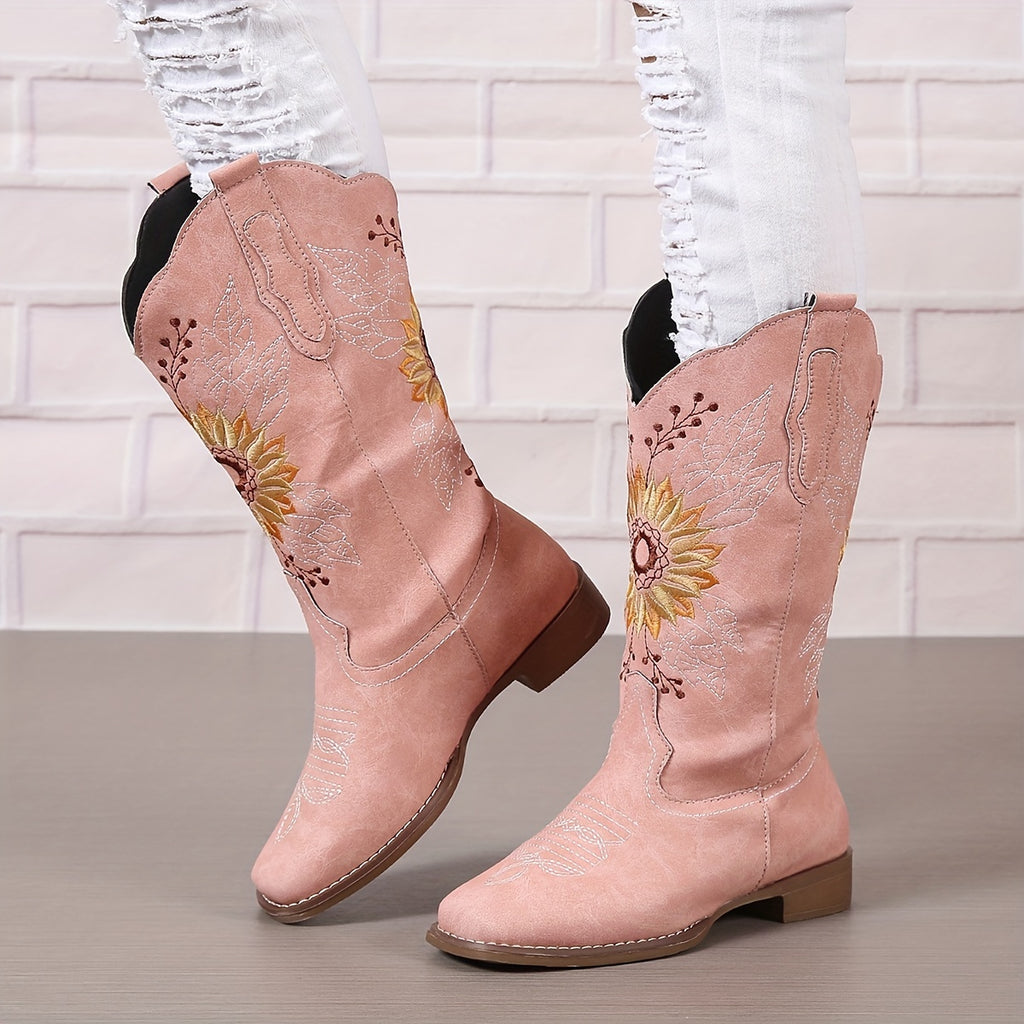 Women's Embroidered Mid Calf Western Boots, Faux Leather Fashion Boots, Women's Footwear
