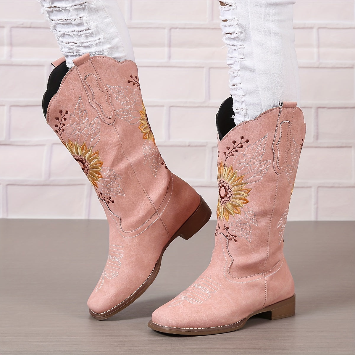 Women's Embroidered Mid Calf Western Boots, Faux Leather Fashion Boots, Women's Footwear