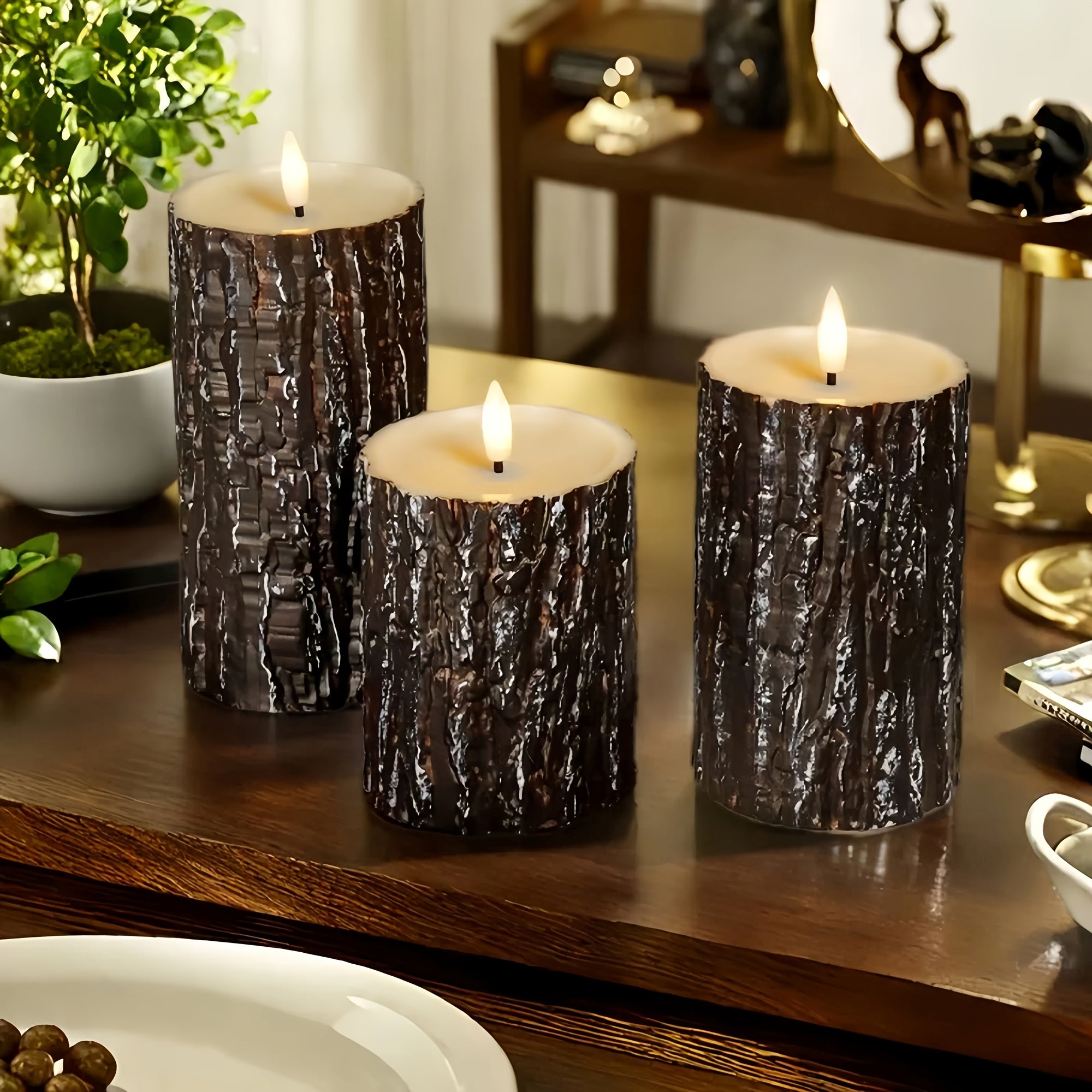 3pcs Rustic Wooden Flameless Candle Set - Artificial Tree Design, Battery Operated, Festive Tabletop Decor for Wedding, Easter, Mother'S Day, Fireplace Mantel, No Battery Included, Seasonal Celebration Decor | Natural Wood Fi