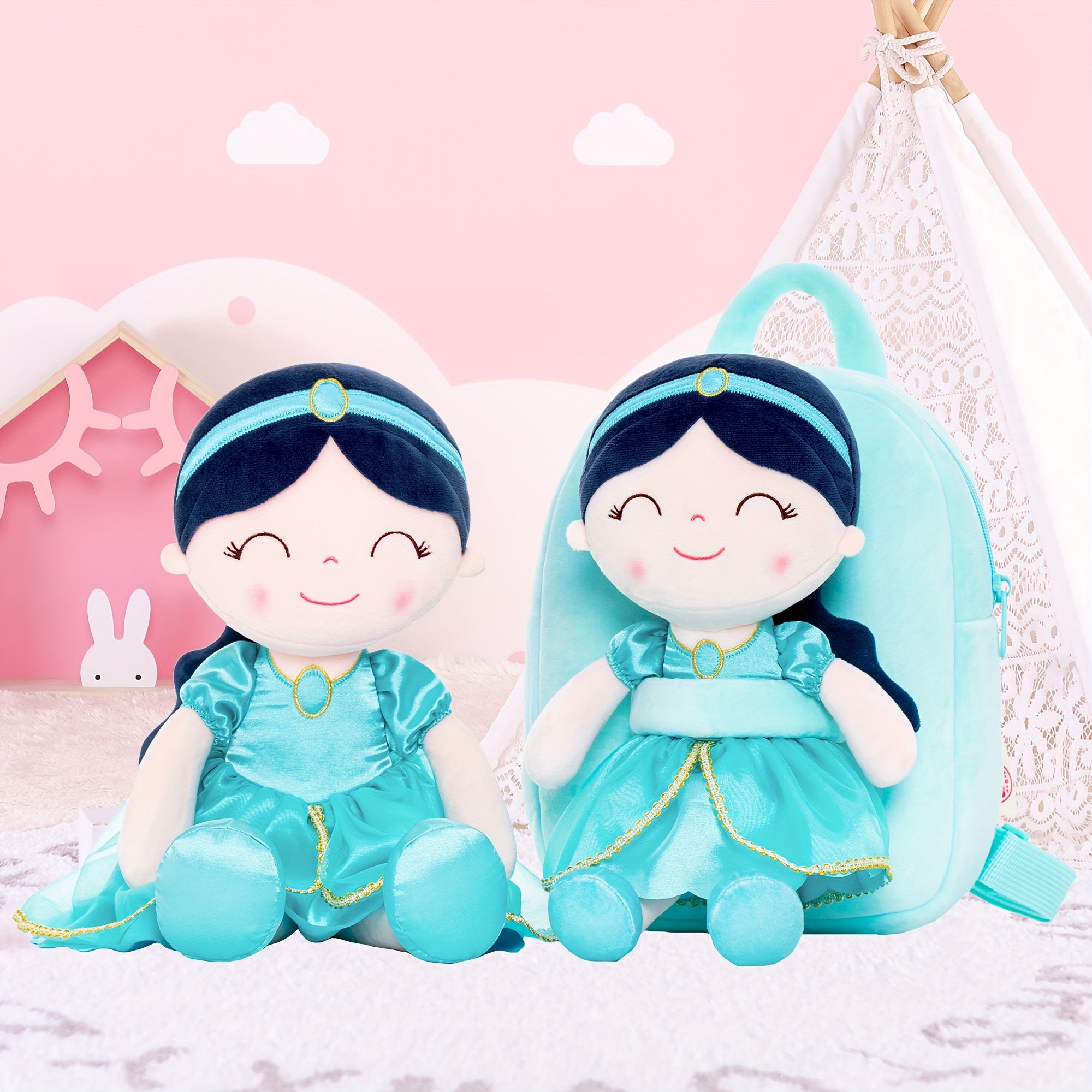 Gloveleya Toddler Backpack for Girls Kids Backpacks Soft Girl Toys Plush Baby Girl Gifts with Plush Princess Jasmins Doll Aqua 9 inches