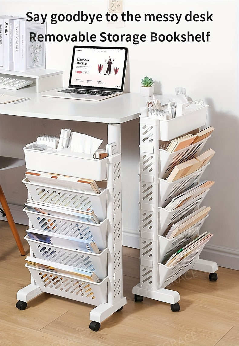 1pc Five-Level Movable Bookshelf, Desk Side Shelf, Floor Cart with Pen Holder for Office Study Supplies Storage and Document Storage