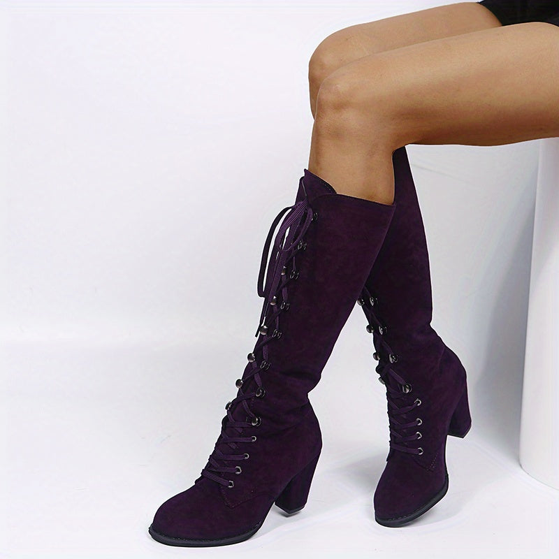 Women's Heeled Knee High Boots, Solid Color Lace Up Chunky Heeled Boots, Versatile Comfy Long Boots