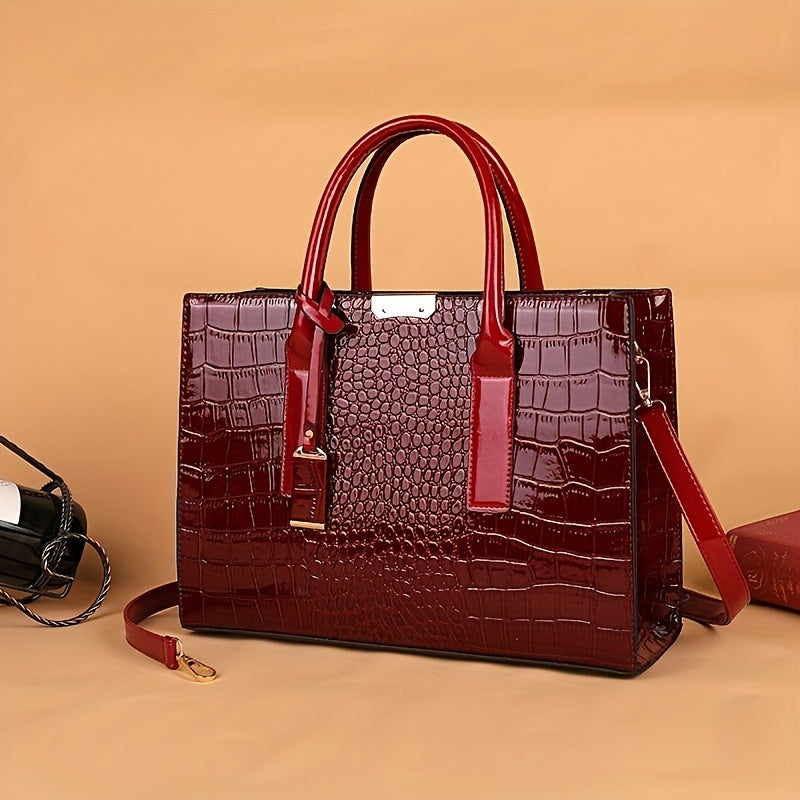 Crocodile Embossed Handbag, Trendy PU Leather Top Handle Purse, Women's Solid Color Shoulder Bag