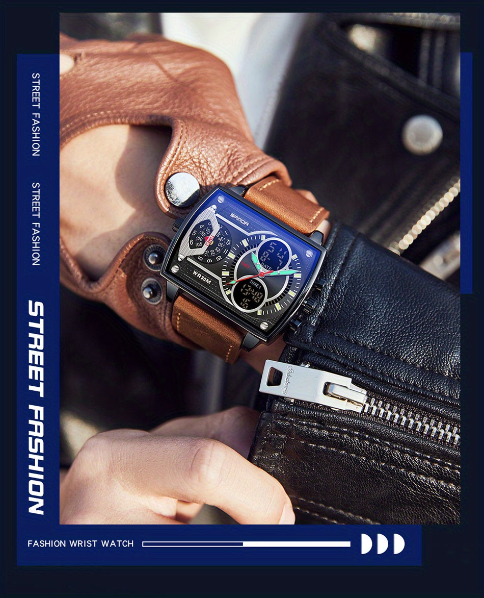 Large Dial Multi Time Zone Men's Watch, Square Dual Display Multifunctional Sports Watch with Dual Time Zone, Date, Alarm, and Stopwatch Functions