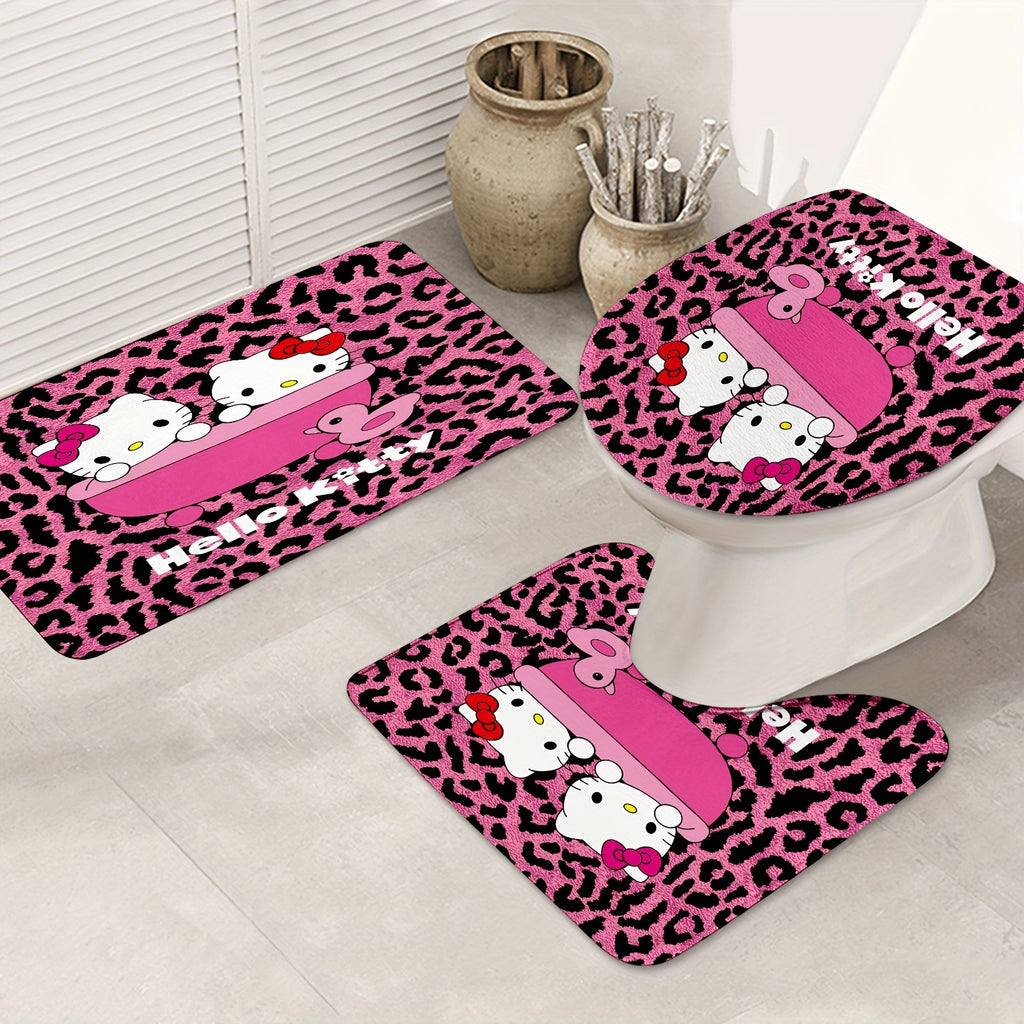 Machine Washable Sanrio Hello Kitty Bathroom Set with Stain Resistant Polyester, Knit Weave Style, Eyelet Hooks, Artsy Animal Theme Decor, Slip-Resistant Rugs and Bath Ensemble