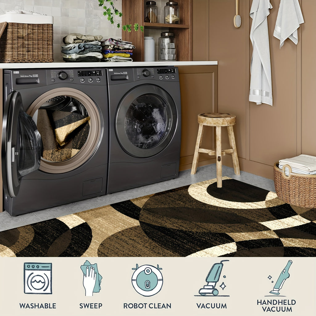 1pc Extra Large Luxury Mat - Black, Golden, Beige Modern Geometric Pattern Large Area Mat - Plush Soft Polyester Fiber Mat for Living Room, Bedroom, Kitchen - Machine Washable & Non-Slip Backing - Elegant Home Decor in Black,