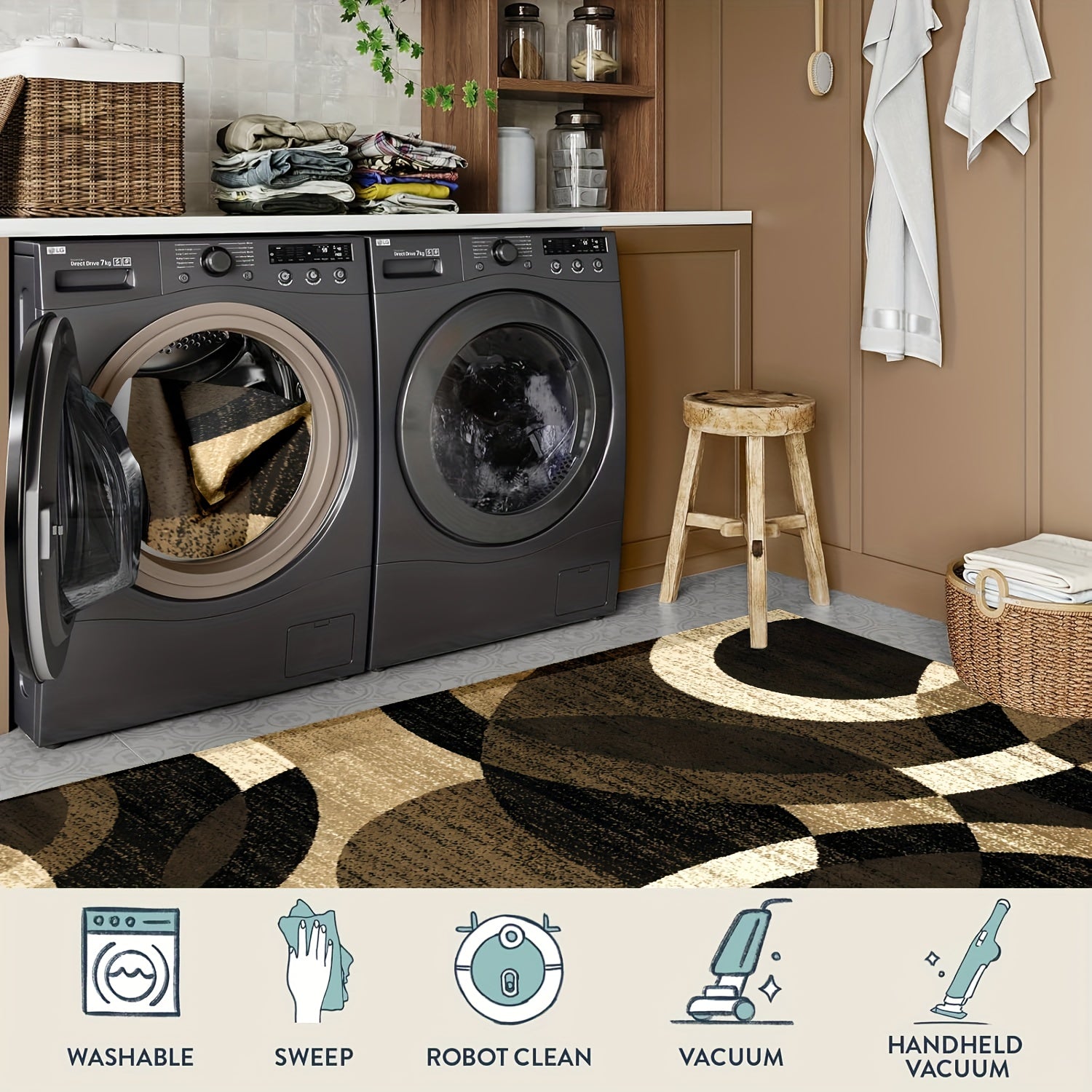 1pc Extra Large Luxury Mat - Black, Golden, Beige Modern Geometric Pattern Large Area Mat - Plush Soft Polyester Fiber Mat for Living Room, Bedroom, Kitchen - Machine Washable & Non-Slip Backing - Elegant Home Decor in Black,