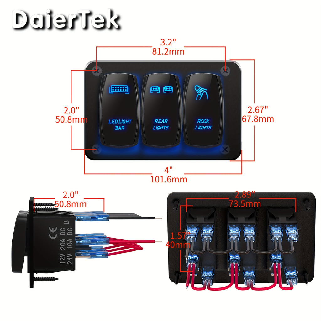 12V 3-Gang Rocker Switch Panel with LED Light Bar Switch -