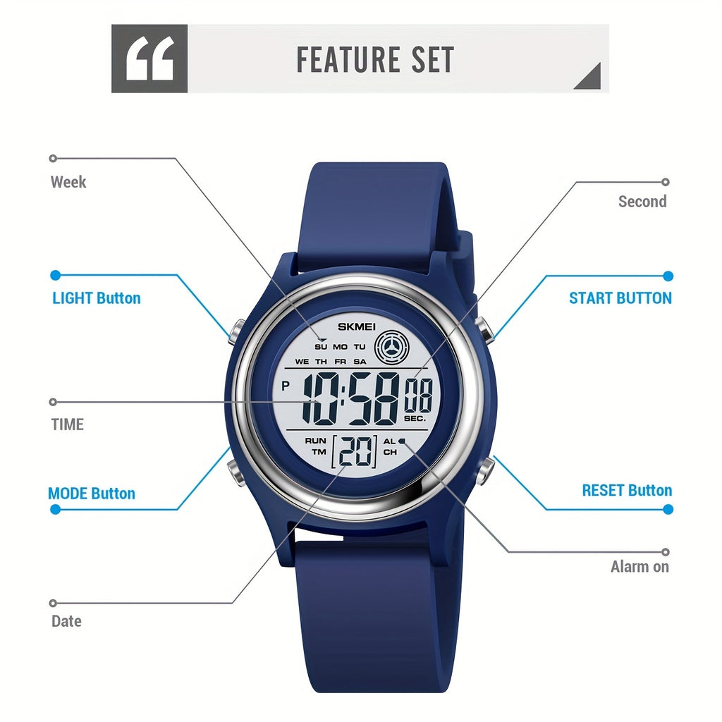 50M Water Resistant EL Light Electronic Sports Watch - Multifunction Digital Wristwatch with Alarm, Silicone Band, Round Synthetic Resin Case for Women, Men, Boys, and Girls