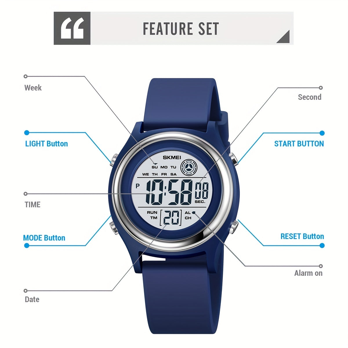 50M Water Resistant EL Light Electronic Sports Watch - Multifunction Digital Wristwatch with Alarm, Silicone Band, Round Synthetic Resin Case for Women, Men, Boys, and Girls