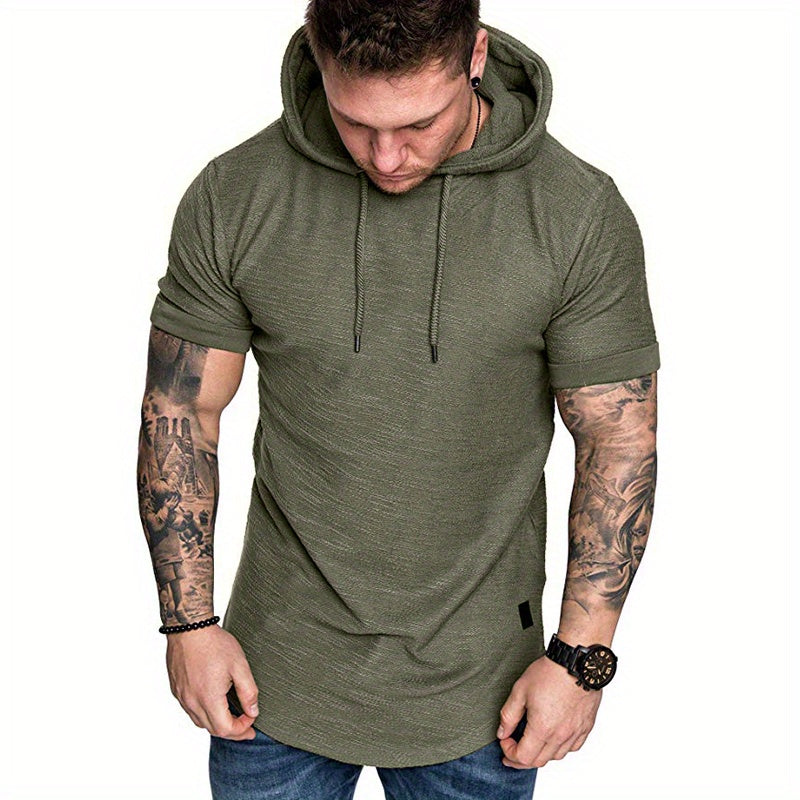 Comfort-Fit Men's Short Sleeve Hoodie - Breathable Knit, Solid Color, Durable & Easy-Care Sports T-shirt