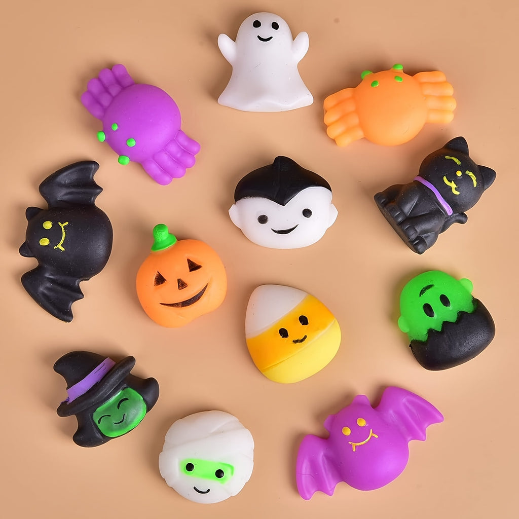 36-Pack Mini Squishy Halloween Toys Set - TPR Stress Relief Squeeze Figurines Ages 8-12 - Variety of Ghosts, Pumpkins, Bats & More