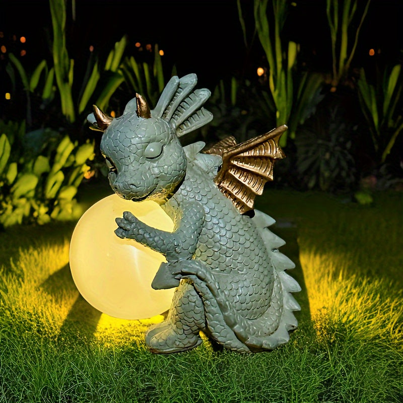 XXOASIS Solar-Powered Dinosaur Holding Light Statue - Whimsical Resin Garden Ornament with Illuminated Feature, Rechargeable via Outdoor Lawn Decoration, Dinosaur Room Decor
