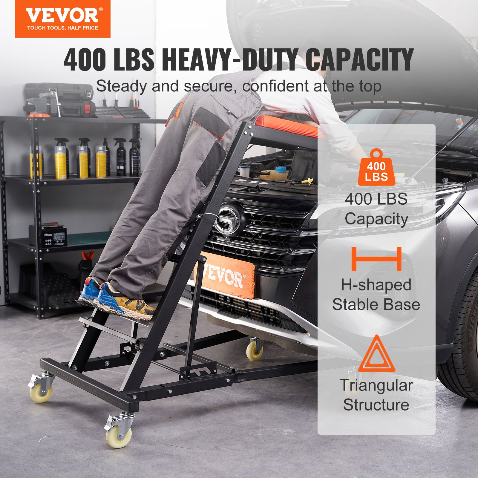 VEVOR Top Automotive Creeper, 48"-76" Adjustable Height Foldable Creeper, 400 LBS Capacity High Creeper, 4 Swivel Caster Wheels, Heavy Duty Work Creeper for Auto Repair and Maintenance