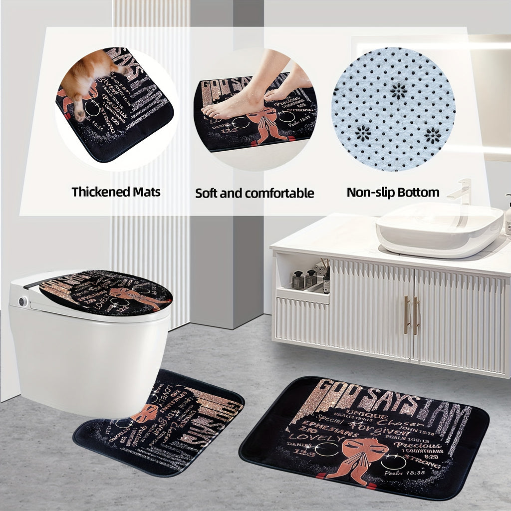 4pcs Sets Rugs Shower Curtain, Black Girl Pattern Shower Curtain With Hooks, Non-Slip Rug, Toilet U-Shape Mat, Toilet Lid Cover Pad