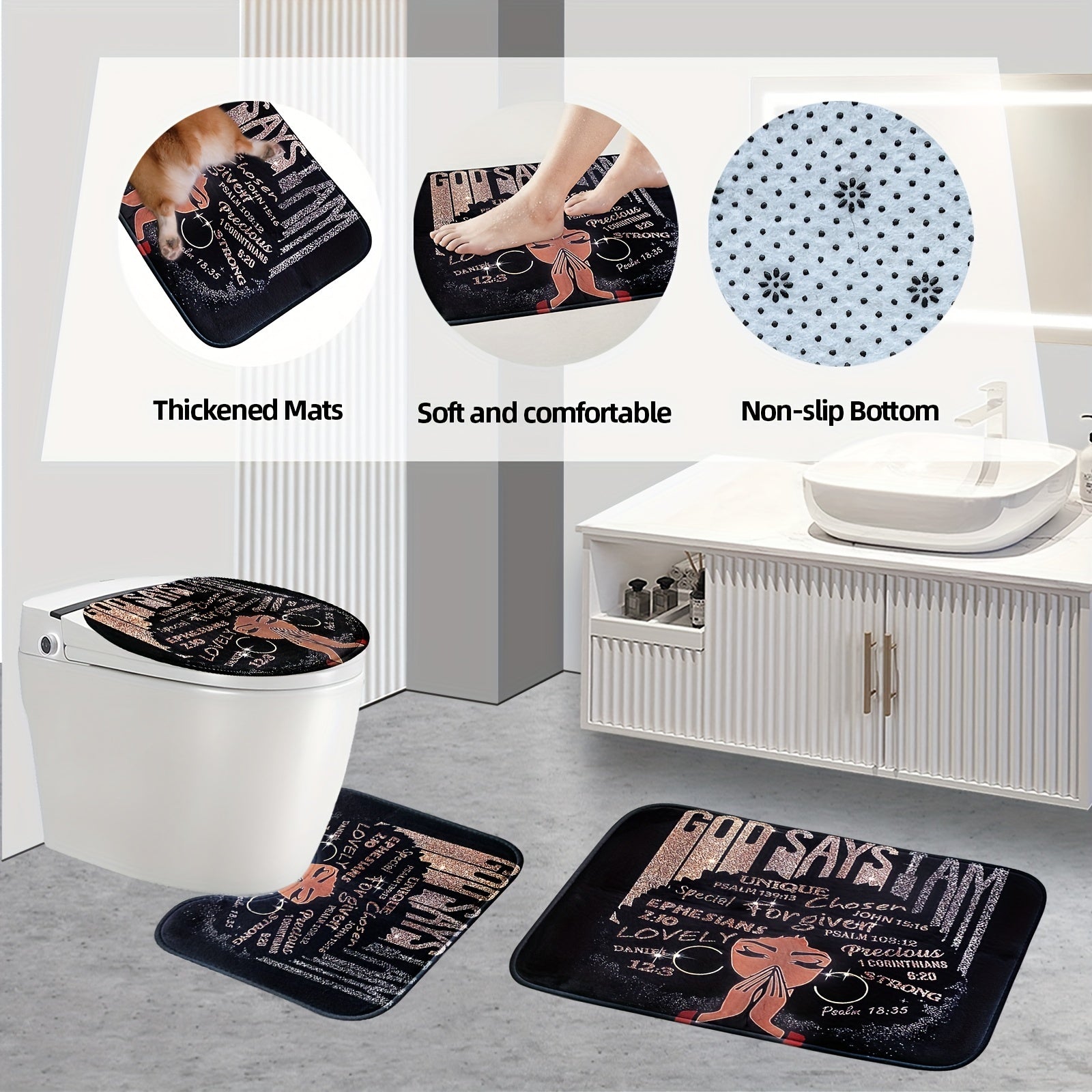 4pcs Sets Rugs Shower Curtain, Black Girl Pattern Shower Curtain With Hooks, Non-Slip Rug, Toilet U-Shape Mat, Toilet Lid Cover Pad