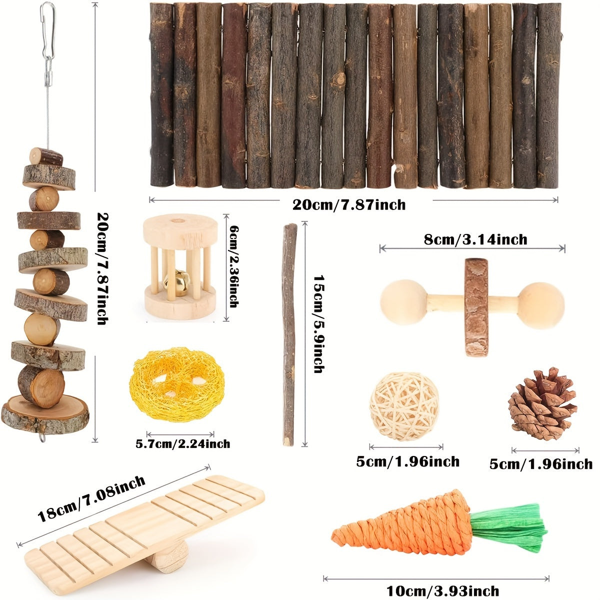 Hamster Cage Accessories, 50pcs Chew Toys for Guinea Pig, Chinchillas, Gerbils, Mice, Rats, Mouse, Rabbit, Bunny Hideout Seesaw, Natural Molar Tools