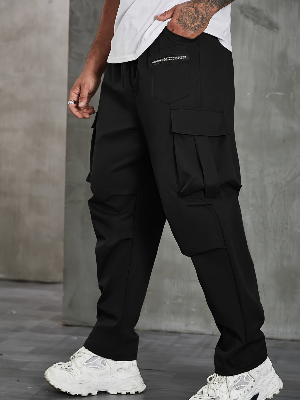 Plus Size Men's Solid Cargo Pants For Spring Fall, Outdoor Sports Pants For Males