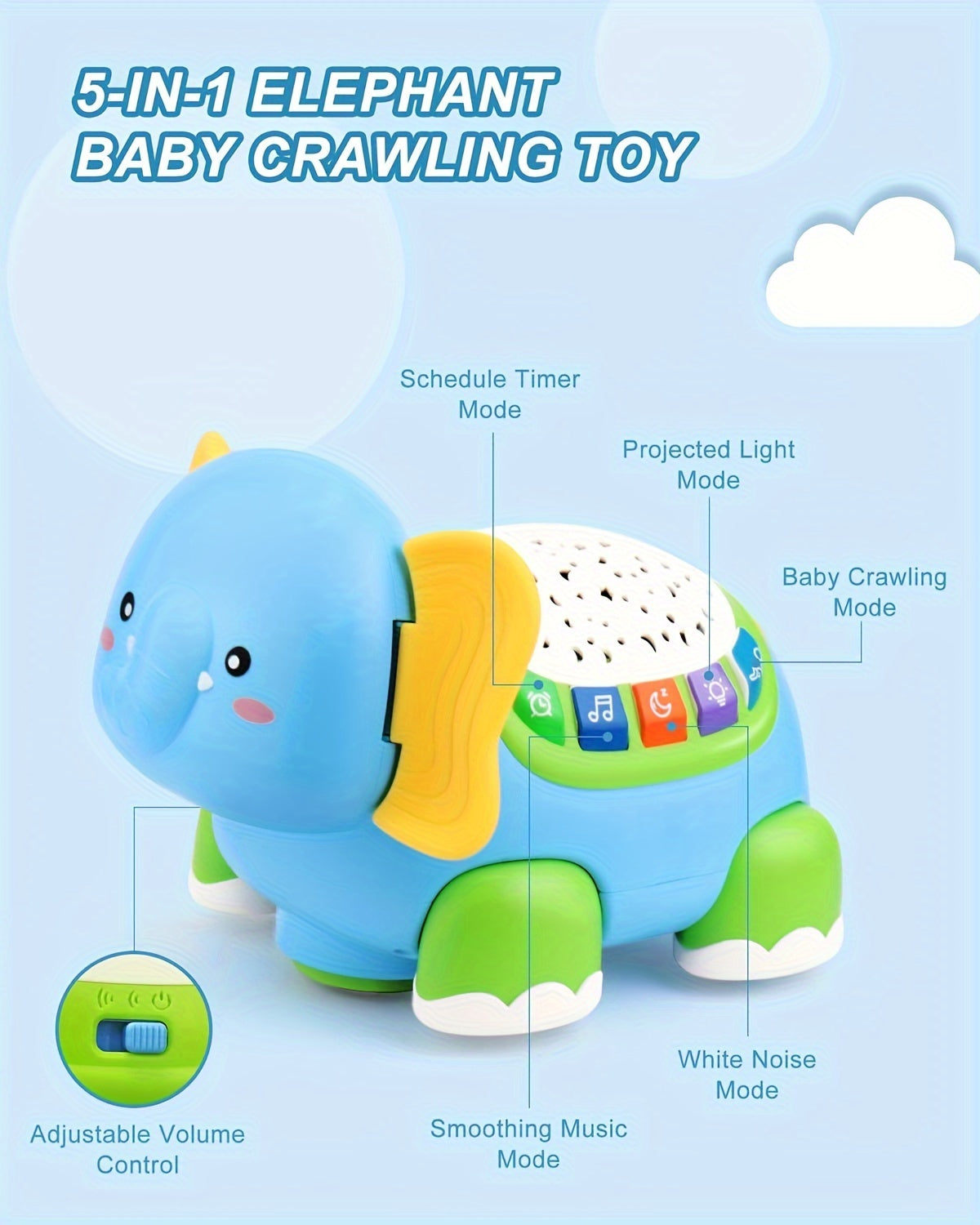 Crawling Baby Toys, Infant Tummy Time Toys with Star Projector Music and Light, Elephant Interactive Sensory Toy for Baby, Early Developmental Toys for Boys Girls, Christmas Gift