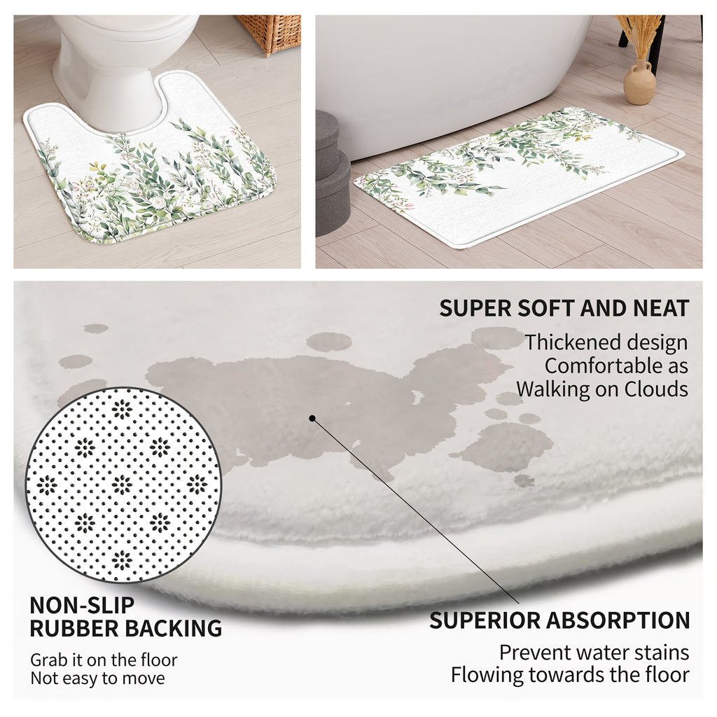 4pcs Sage Green Eucalyptus Shower Curtain Set, Watercolor Floral Plant Leaves, Waterproof Bathroom Accessories With 12 Hooks, Non-Slip Rugs, U-Shaped Mat, Toilet Seat Cover, Nordic Botanical Fresh Green & Gray Eucalyptus Leaf