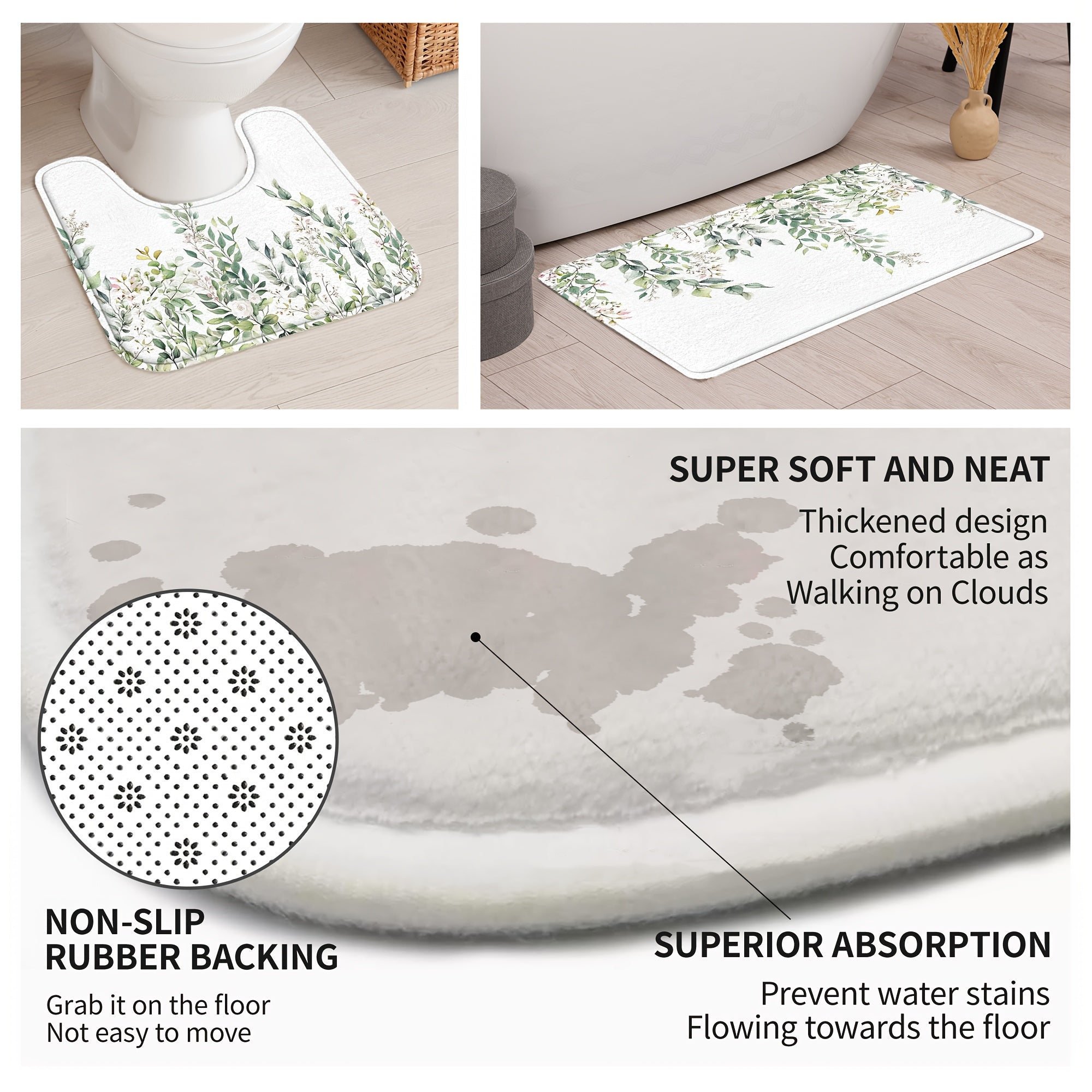 4pcs Sage Green Eucalyptus Shower Curtain Set, Watercolor Floral Plant Leaves, Waterproof Bathroom Accessories With 12 Hooks, Non-Slip Rugs, U-Shaped Mat, Toilet Seat Cover, Nordic Botanical Fresh Green & Gray Eucalyptus Leaf