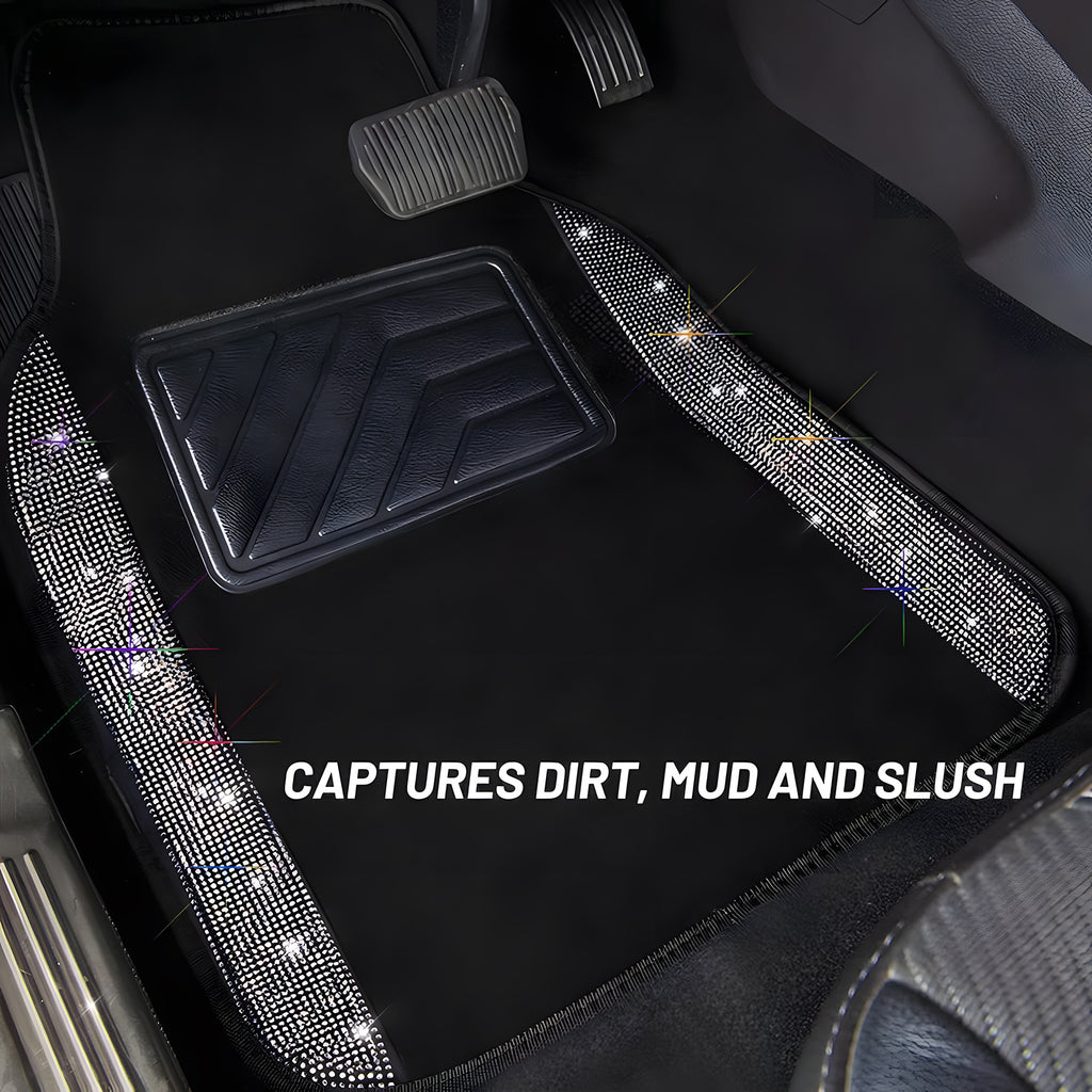 Car Floor Mats Shining Rhinestones Carpet, Bling Crystal Diamond Sparkly Glitter Car Floor Mats with Anti-Slip PVC Heel Pad Automotive Universal for SUV, Sedan, Car, Van, 4pcs for Girl Women