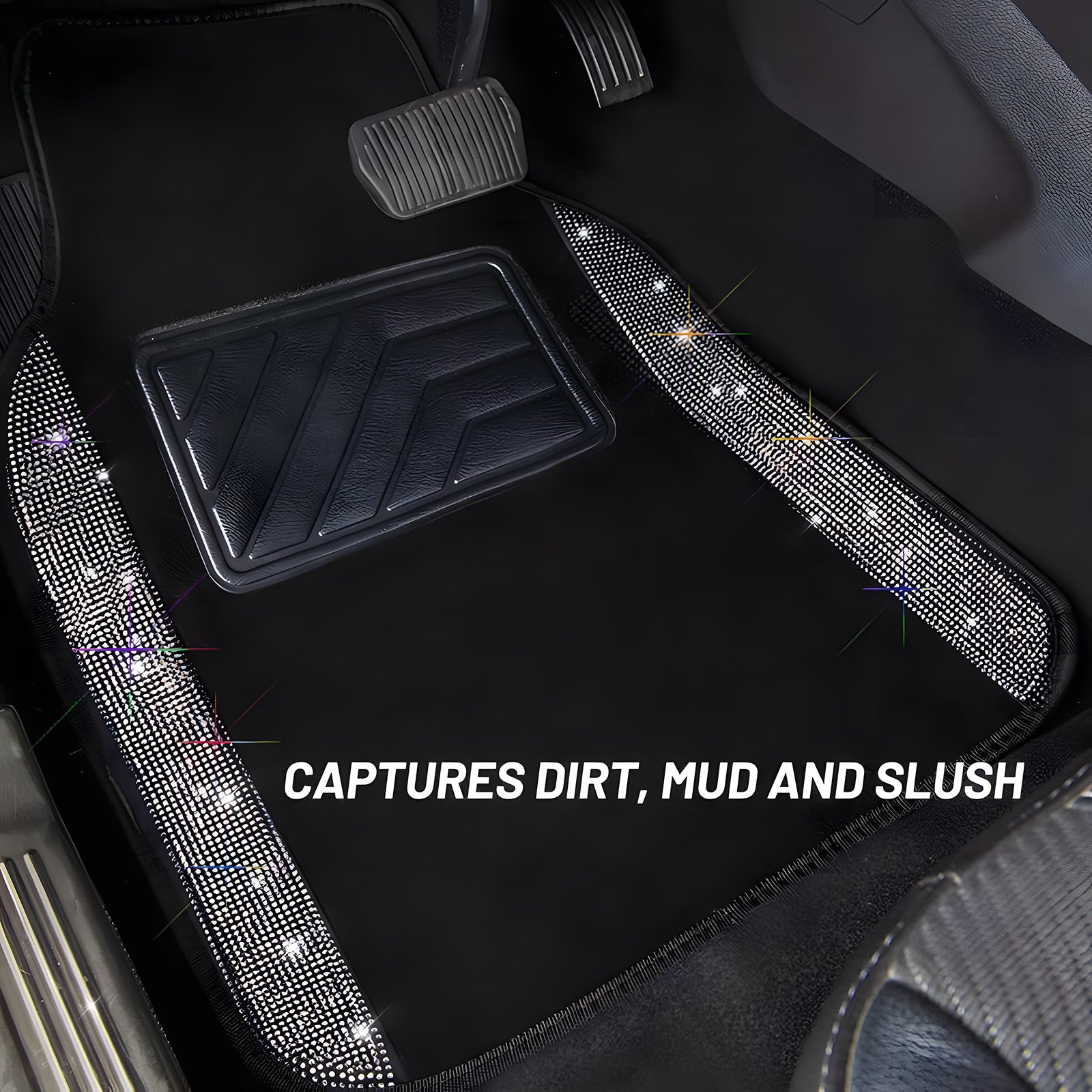 Car Floor Mats Shining Rhinestones Carpet, Bling Crystal Diamond Sparkly Glitter Car Floor Mats with Anti-Slip PVC Heel Pad Automotive Universal for SUV, Sedan, Car, Van, 4pcs for Girl Women