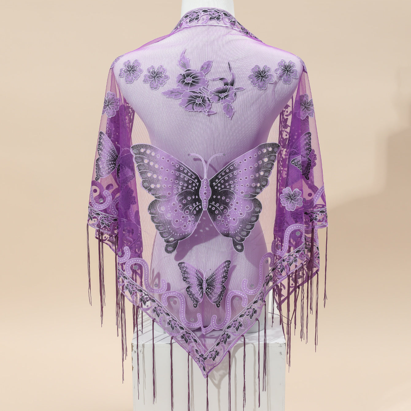 [Elegant Scarf] Elegant Breathable Triangle Scarf - 29.5"×55.1" Butterfly Flower Embroidery Lace Tassel Shawl Windproof Wrap Outdoor Accessories