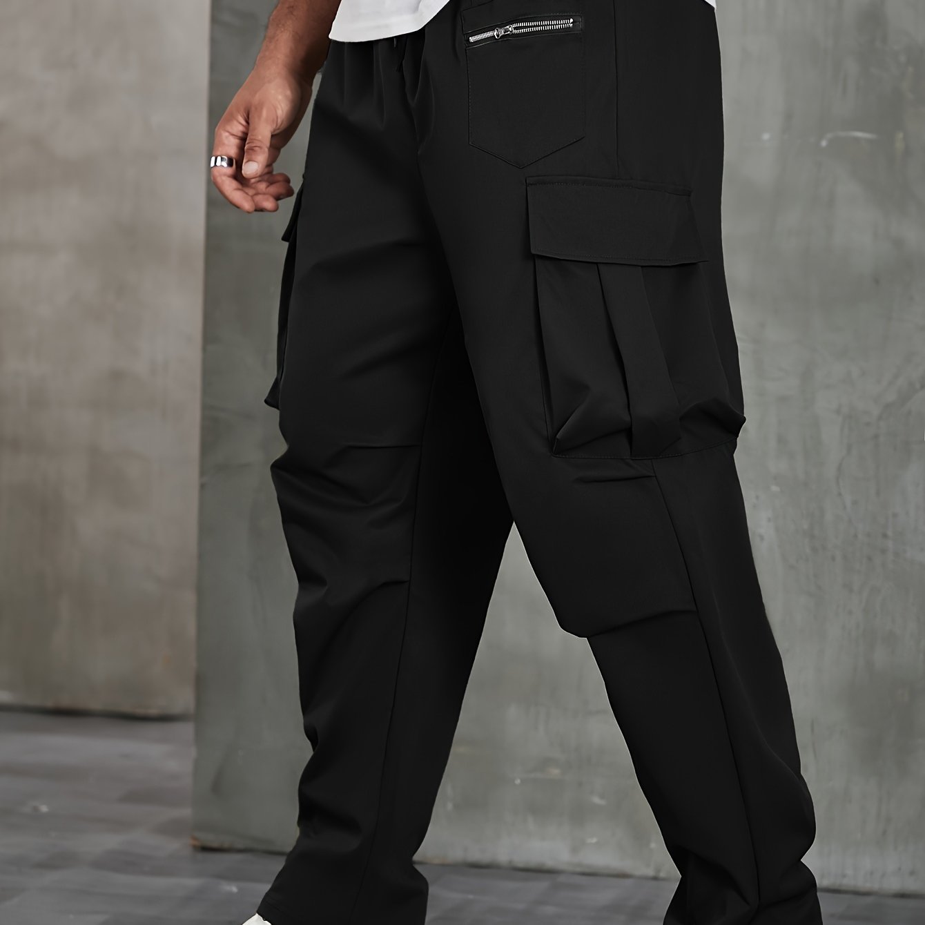 Plus Size Men's Solid Cargo Pants For Spring Fall, Outdoor Sports Pants For Males