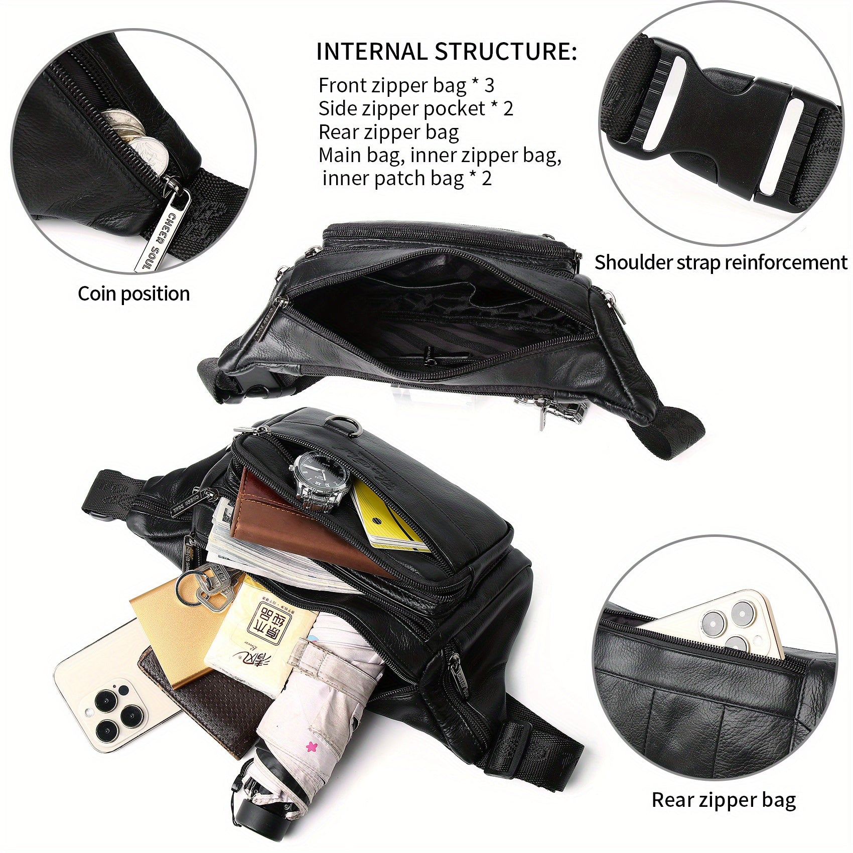 Genuine Leather Men's Waist Bag/Women's Multifunctional Hip Bag/Stylish Multi-Pocket Travel Sports Backpack for Hiking, Cycling, Fishing, And Running