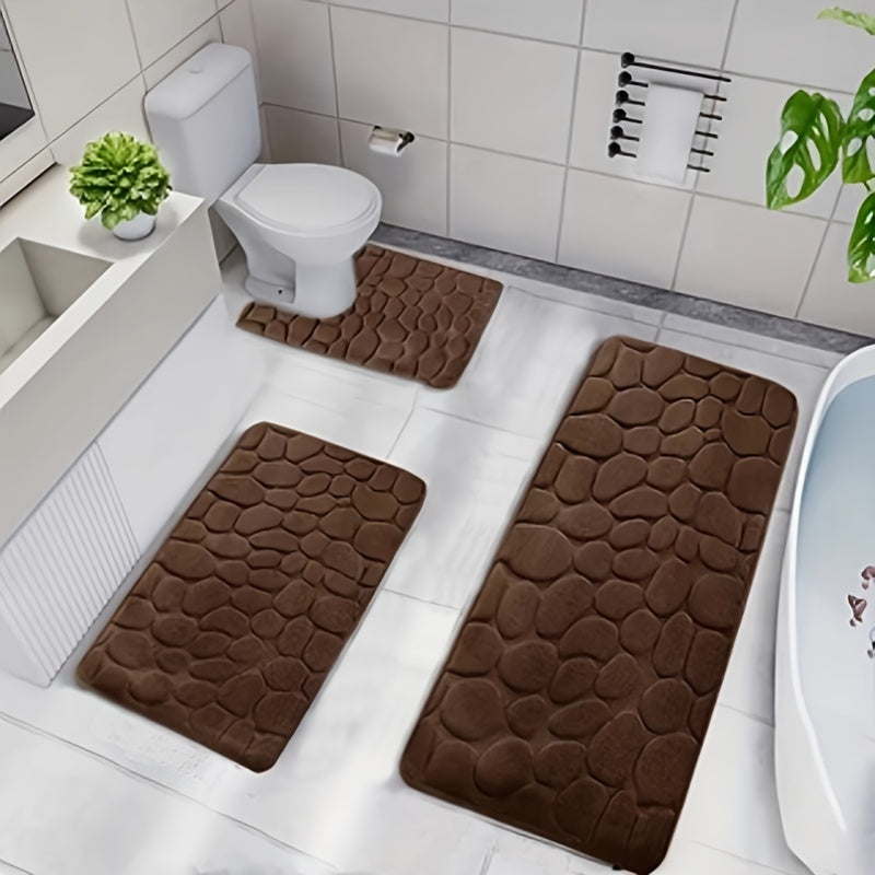 3pcs Memory Foam Bathroom Mat Set - Non-Slip, Soft & Comfortable Shower Rugs with Stone Embossed Design - Includes U-Shape Toilet Mat & Bath Rug - Machine Washable Polyester Fiber - Perfect for Home Decor