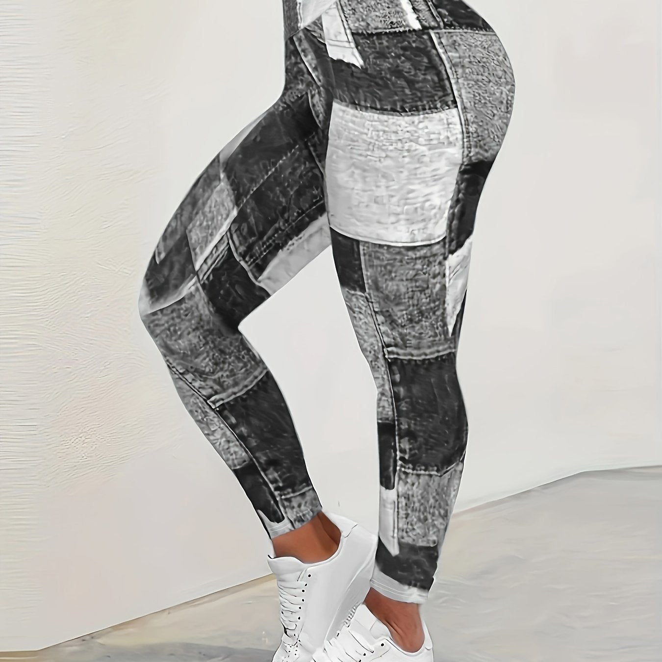 Yoga Fitness Leggings, Plaid Panel Denim Print High Waist Sports Pants, Women's Activewear