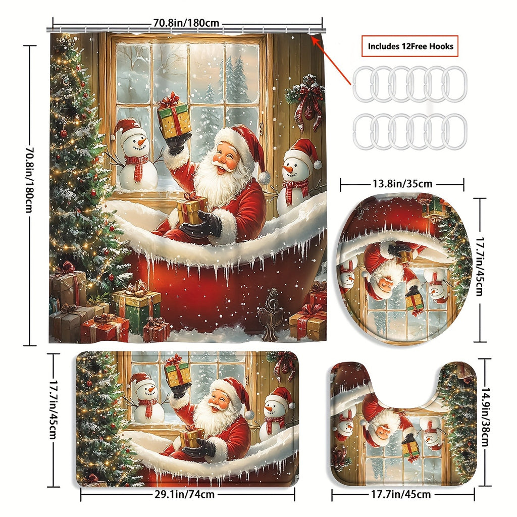 4pcs Red Christmas Santa Claus Shower Curtain Set, Curtain Set with Non-Slip Rugs, Toilet U-Shape Mat, Toilet Seat Cover, Machine Washable Curtain Set with 12 Hooks, Funny Christmas Santa with Snowman And Tree Shower Curtain