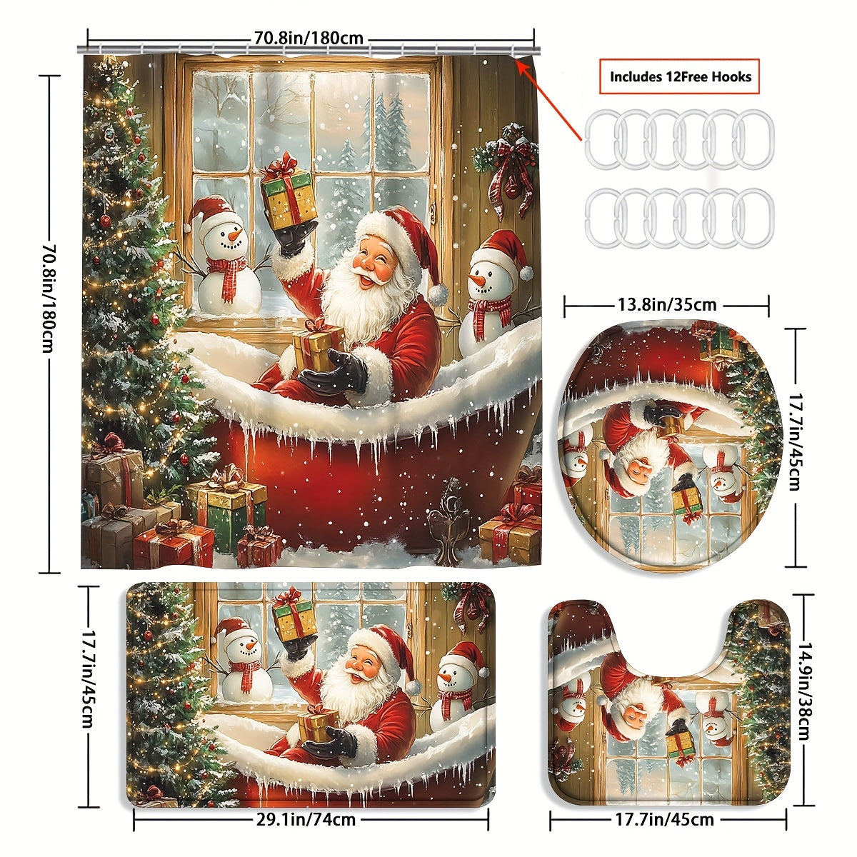 4pcs Red Christmas Santa Claus Shower Curtain Set, Curtain Set with Non-Slip Rugs, Toilet U-Shape Mat, Toilet Seat Cover, Machine Washable Curtain Set with 12 Hooks, Funny Christmas Santa with Snowman And Tree Shower Curtain