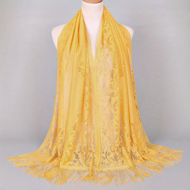 Ladies Women's Floral Lace Scarf Shawl With Tassels, Soft Mesh Fringe Wraps Bridal Shawl For Wedding Evening Party Dresses