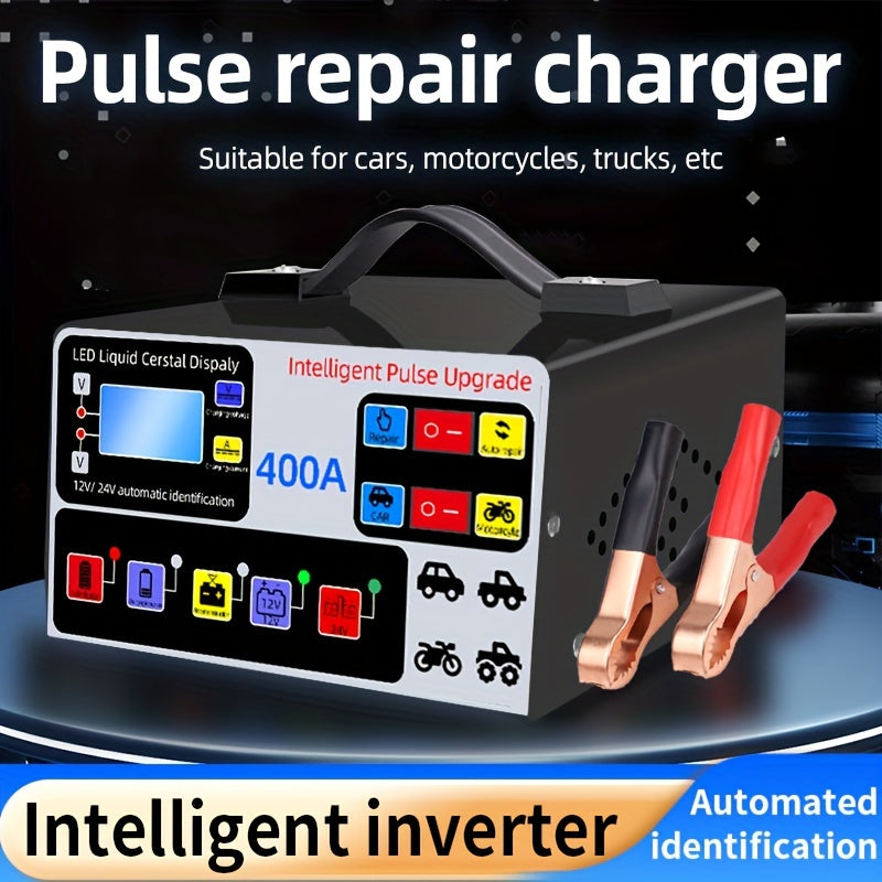12V/24V Large Power Automotive Smart Pulse Repair Car Charger - Fast and Efficient Vehicle, Boat, Motorcycle Battery Charger with Advanced Safety Features and Multi-Protection