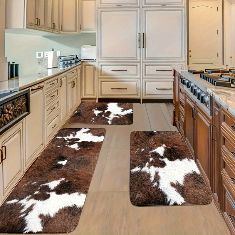 2/3pcs Kitchen Mat Set, Brown and White Cow Print Kitchen Rugs, Country Farmhouse Kitchen Decorative Small Rugs, Brown Cowhide Texture Rugs, Flannel Material Non-slip Soft Comfortable Easy to Clean, Suitable for Bedroom Livin