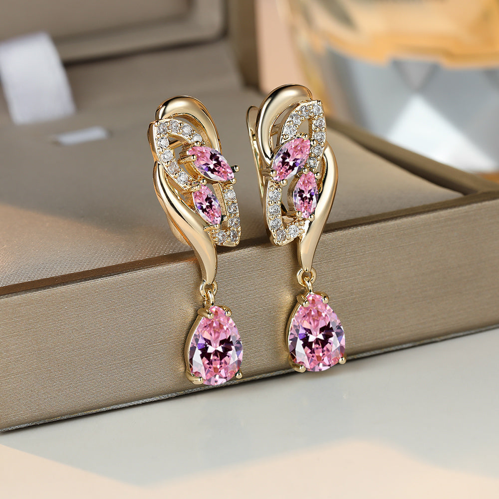ANGOL Romantic Flower Dangle Earrings for Women - Golden-Tone Floral Design with Red & Clear Synthetic Gemstones, Elegant Party & Everyday Jewelry Gifts