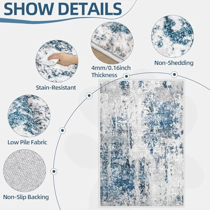 Area Rug 4x6 Washable Rug Modern Abstract Bedroom Rug NonSlip Soft Neutral Area Rug Stain Resistant Throw Rugs for Entryway Kitchen Door Mat Indoor Entrance Laundry Grey Blue 4'x6'