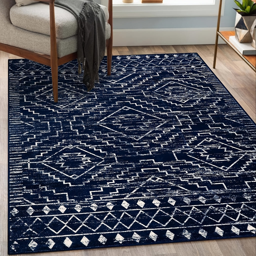 Moroccan Blue Geometric Runner Mat – Soft, Washable, Non-Slip Polyester Mat for Kitchen, Hallway, Bedroom, Bathroom & Closet, 2'6"x8', Rustic Entryway Floor Decor, Kitchen Rugs