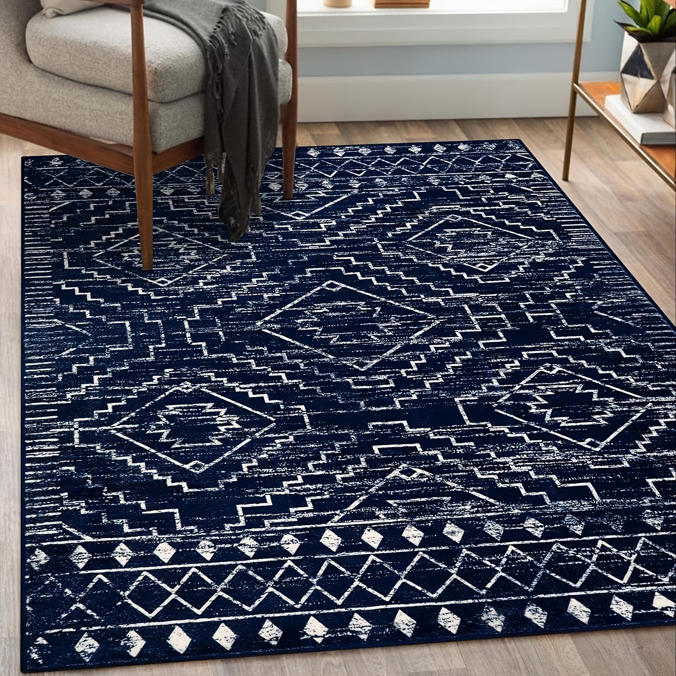 Moroccan Blue Geometric Runner Mat – Soft, Washable, Non-Slip Polyester Mat for Kitchen, Hallway, Bedroom, Bathroom & Closet, 2'6"x8', Rustic Entryway Floor Decor, Kitchen Rugs