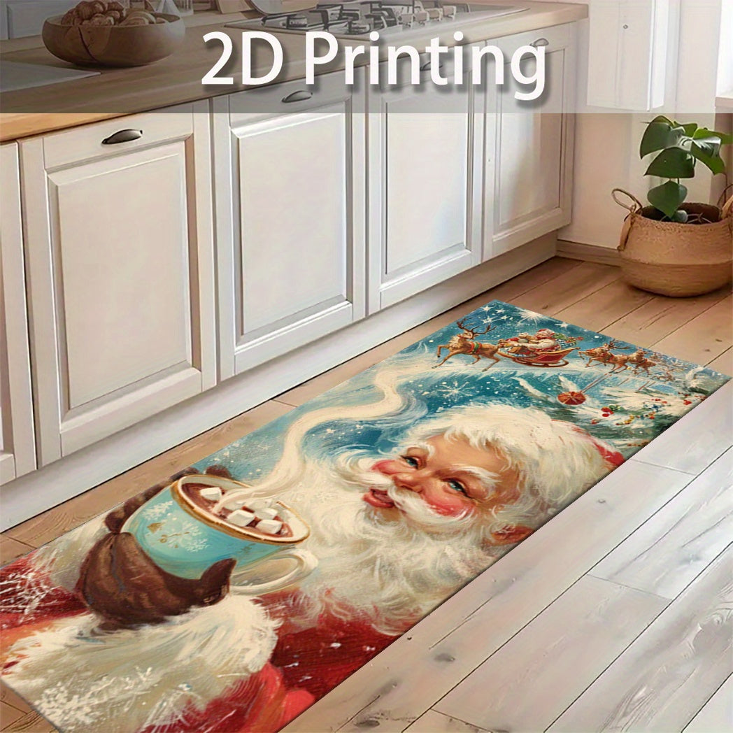 2D Flat, 2D Printing Christmas Santa Claus Hot Cocoa Rug Set - Non-Slip Kitchen Mat with Santa, Mrs. Claus, Snowman, Reindeer, Snowflakes, Tree & Candle Design, Festive Holiday Decor for Home & Restaurant, Christmas Rugs