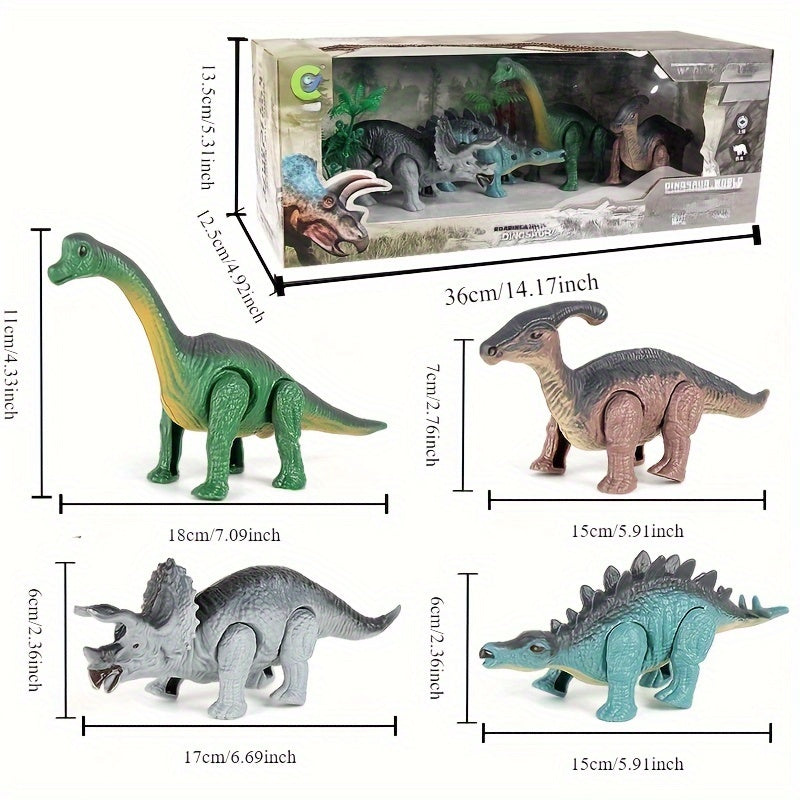 Battery-Free Walking Dinosaur Toys: 4-Pack Set with Triceratops, Stegosaurus, Brachiosaurus, and Tyrannosaurus Rex - Suitable for Ages 3-6