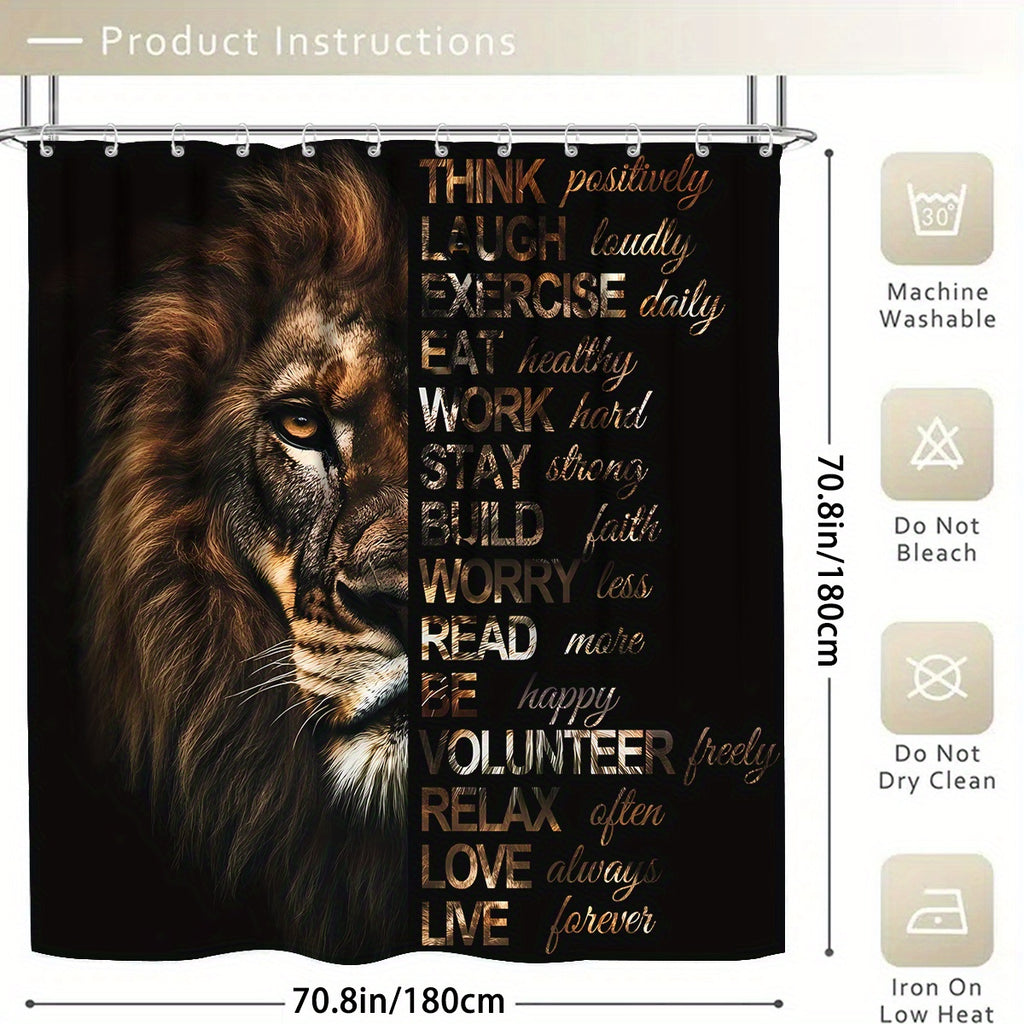 4pcs Powerful Lion Shower Curtain Set, Golden African Safari Animals Masculine Male Cool Bathroom Sets with Shower Curtain and Rugs, Motivational Inspirational Quotes Shower Curtain with Bath Mat Set and 12 Hooks, Shower Curt