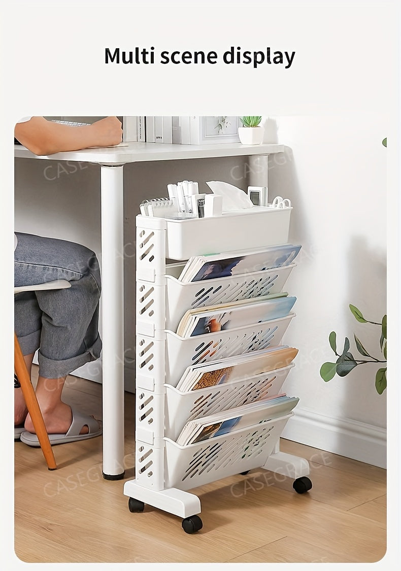 1pc Five-Level Movable Bookshelf, Desk Side Shelf, Floor Cart with Pen Holder for Office Study Supplies Storage and Document Storage