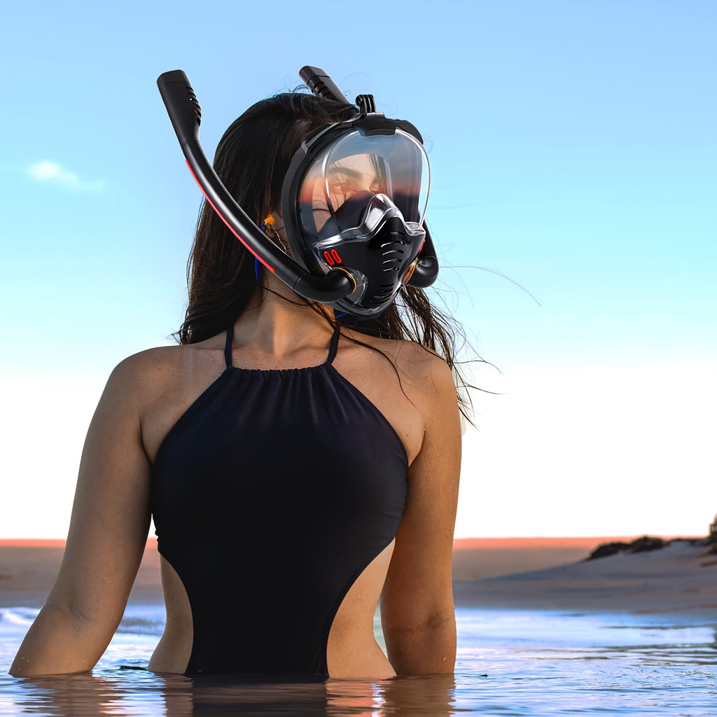 BOKEFA Full Face Snorkel Mask with 180° Panoramic View, Dual Tubes, Camera Mount & Air Pump - Adult Swimming Gear, PC Material, Black (Cameras Not Included), Diving Gear